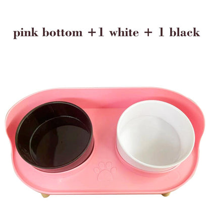 Adjustable Dog Double Bowls with Spill-Guard Base pink-1w-1b by HitMyNeed