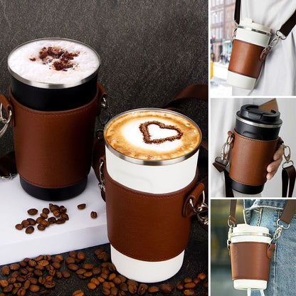 Adjustable Leather Coffee Sleeve with Strap l-deep-coffee by HitMyNeed