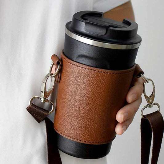 Adjustable Leather Coffee Sleeve with Strap m-deep-coffee by HitMyNeed