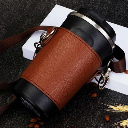 Adjustable Leather Coffee Sleeve with Strap m-shallow-coffee by HitMyNeed