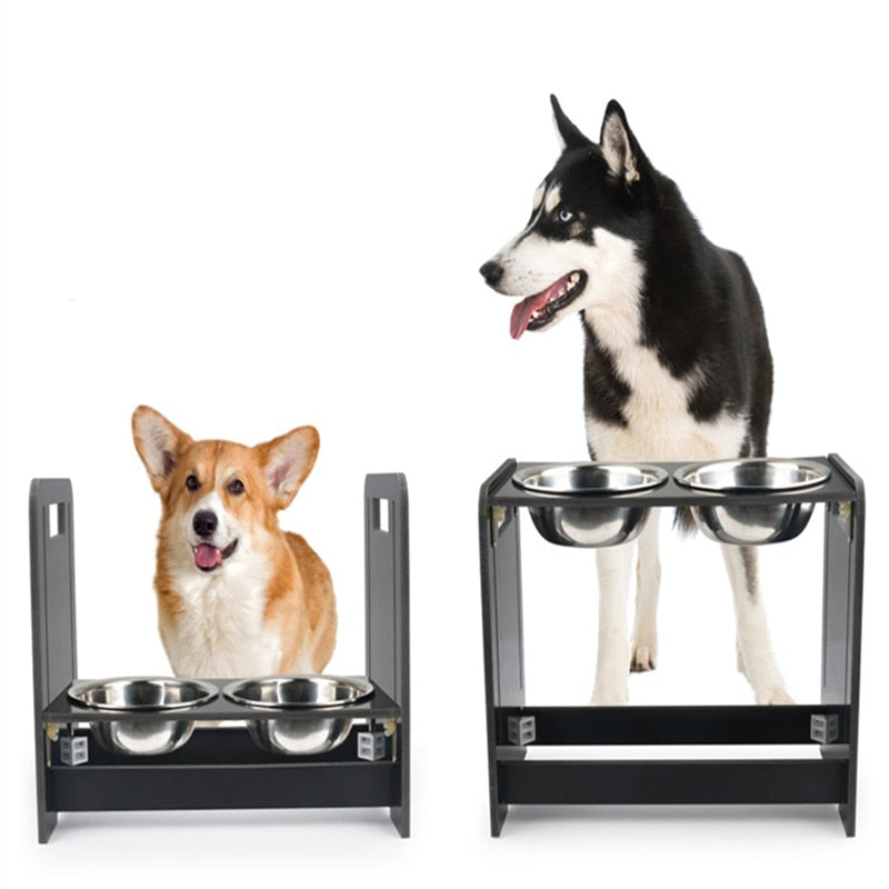 Adjustable Raised Dog Bowls with Wooden Stand by HitMyNeed