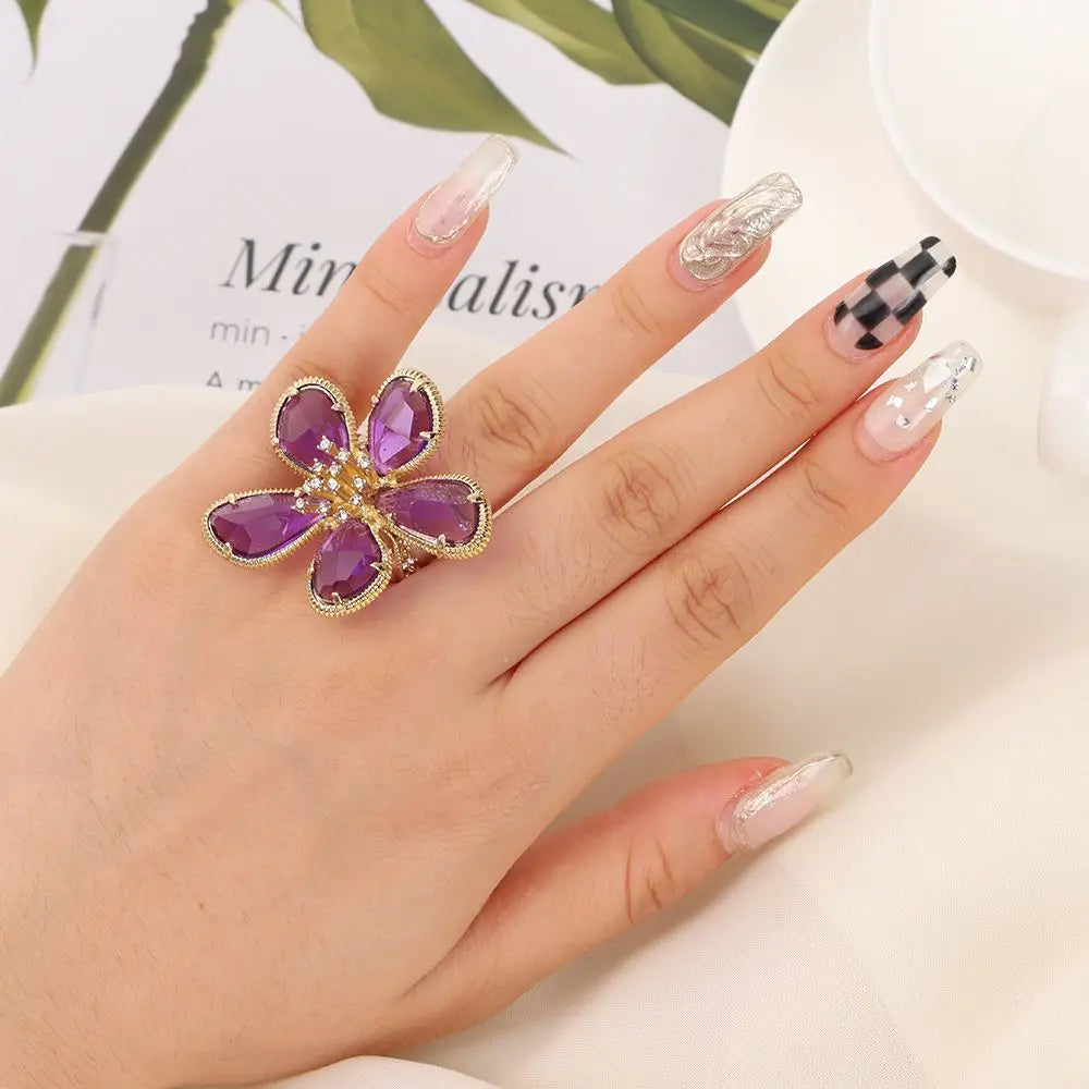 Adjustable Rhinestone Big Flower Statement Ring by HitMyNeed