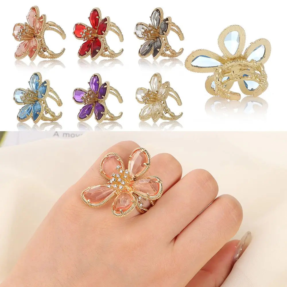 Adjustable Rhinestone Big Flower Statement Ring by HitMyNeed