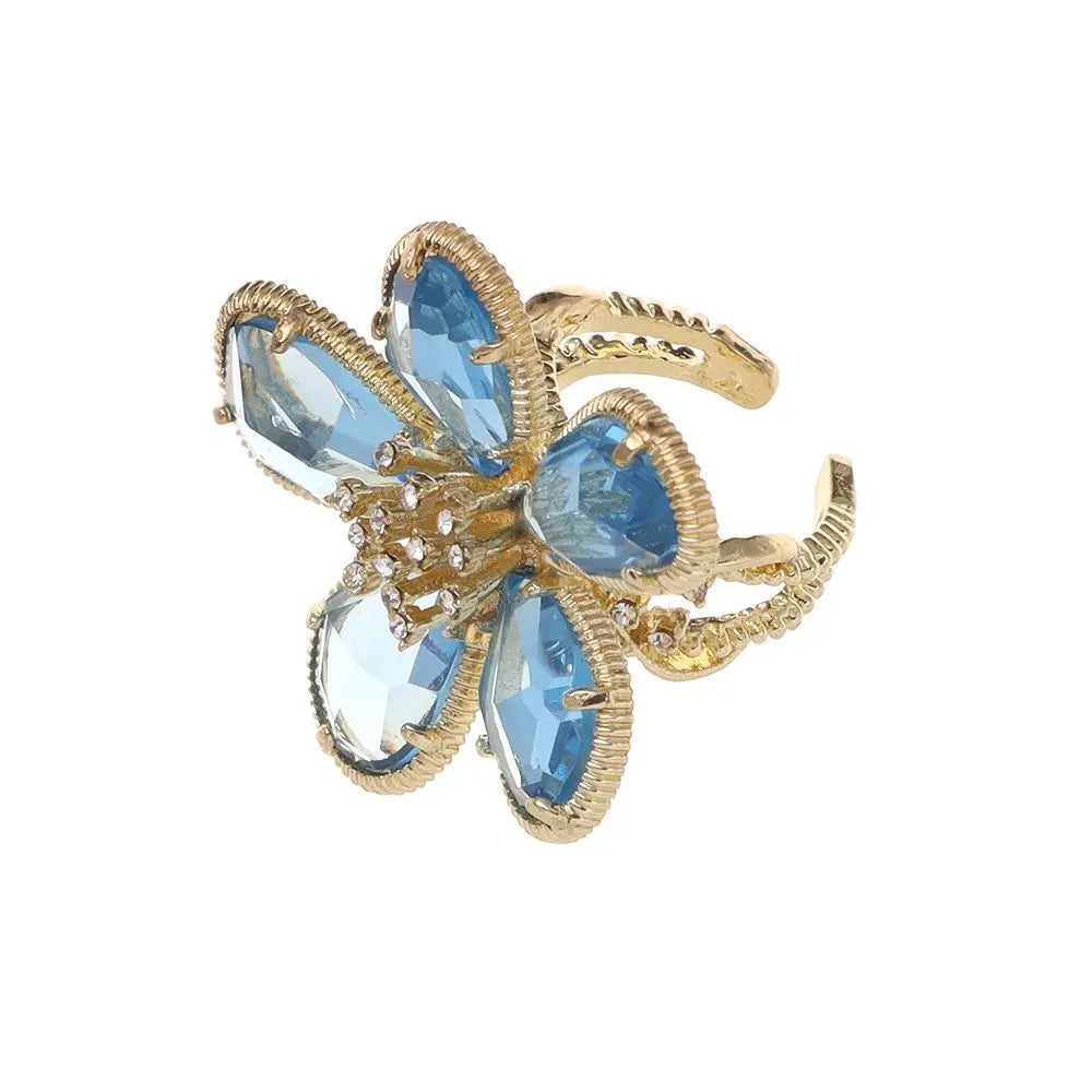 Adjustable Rhinestone Big Flower Statement Ring blue by HitMyNeed