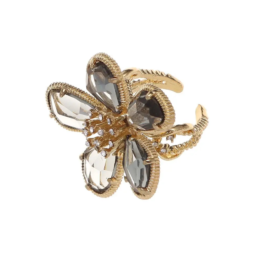 Adjustable Rhinestone Big Flower Statement Ring grey by HitMyNeed