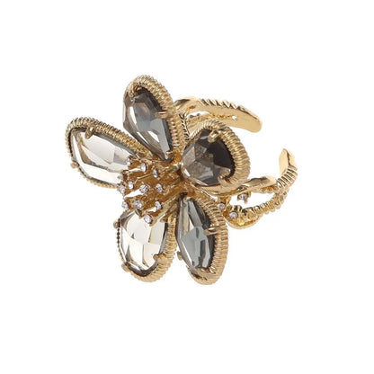 Adjustable Rhinestone Big Flower Statement Ring grey by HitMyNeed
