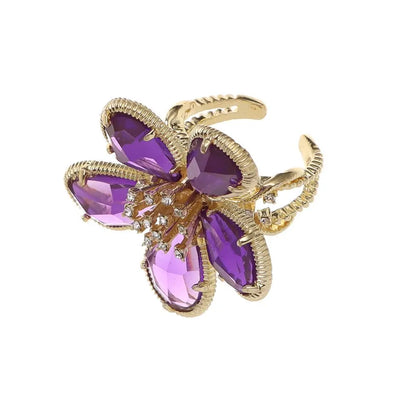 Adjustable Rhinestone Big Flower Statement Ring purple by HitMyNeed