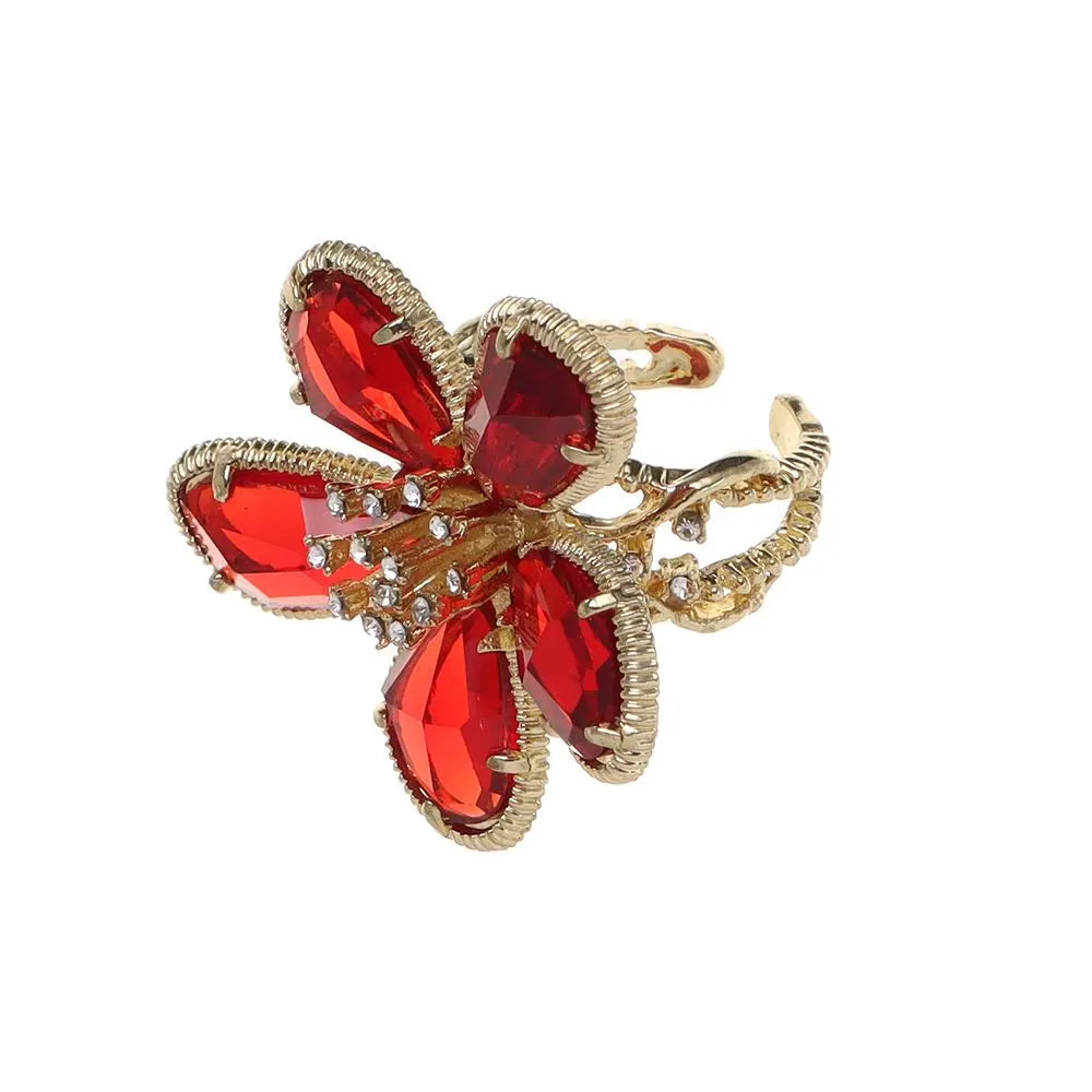 Adjustable Rhinestone Big Flower Statement Ring red by HitMyNeed