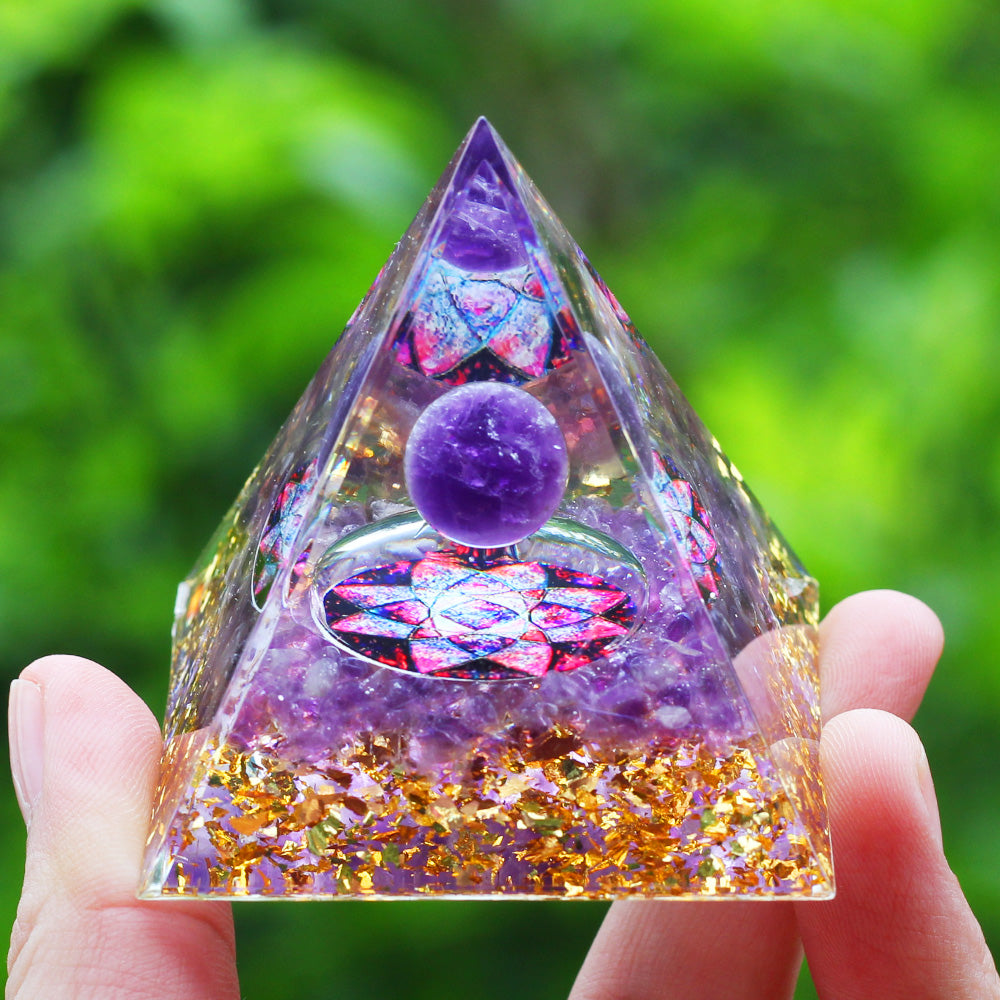 Amethyst & Peridot Orgone Pyramid for Meditation a03 by HitMyNeed