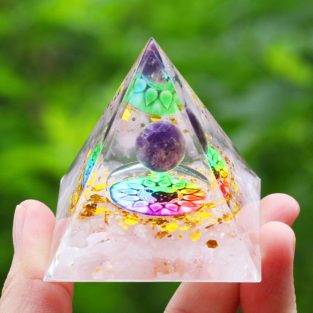 Amethyst & Peridot Orgone Pyramid for Meditation a18 by HitMyNeed