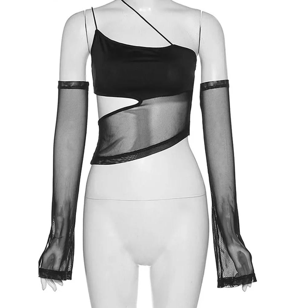 Asymmetrical Mesh Cut Out Crop Top Fairy Grunge by HitMyNeed