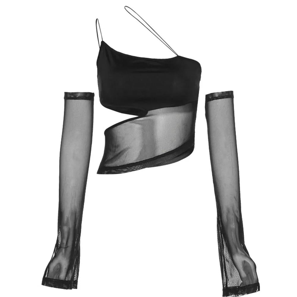 Asymmetrical Mesh Cut Out Crop Top Fairy Grunge by HitMyNeed