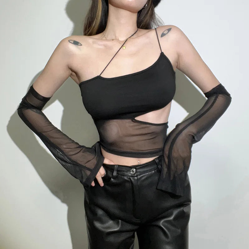 Asymmetrical Mesh Cut Out Crop Top Fairy Grunge m by HitMyNeed