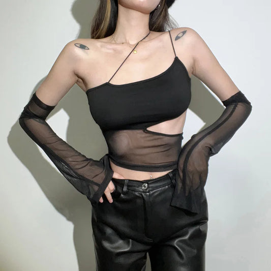 Asymmetrical Mesh Cut Out Crop Top Fairy Grunge m by HitMyNeed