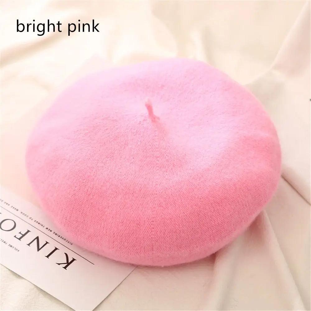 Autumn Winter Felt Beret for Women bright-pink by HitMyNeed