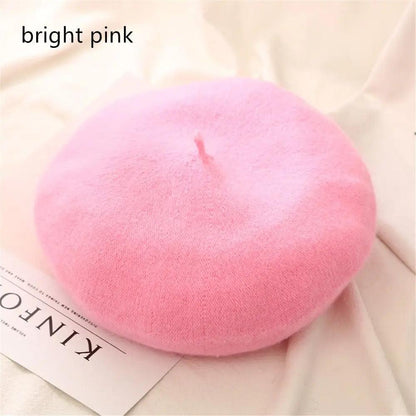 Autumn Winter Felt Beret for Women bright-pink by HitMyNeed