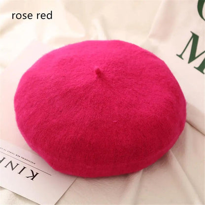 Autumn Winter Felt Beret for Women rose-red by HitMyNeed