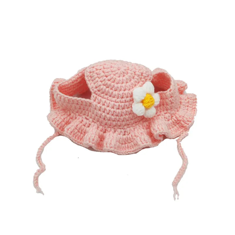 Autumn Winter Knitted Cat & Puppy Hat pink-flower m by HitMyNeed