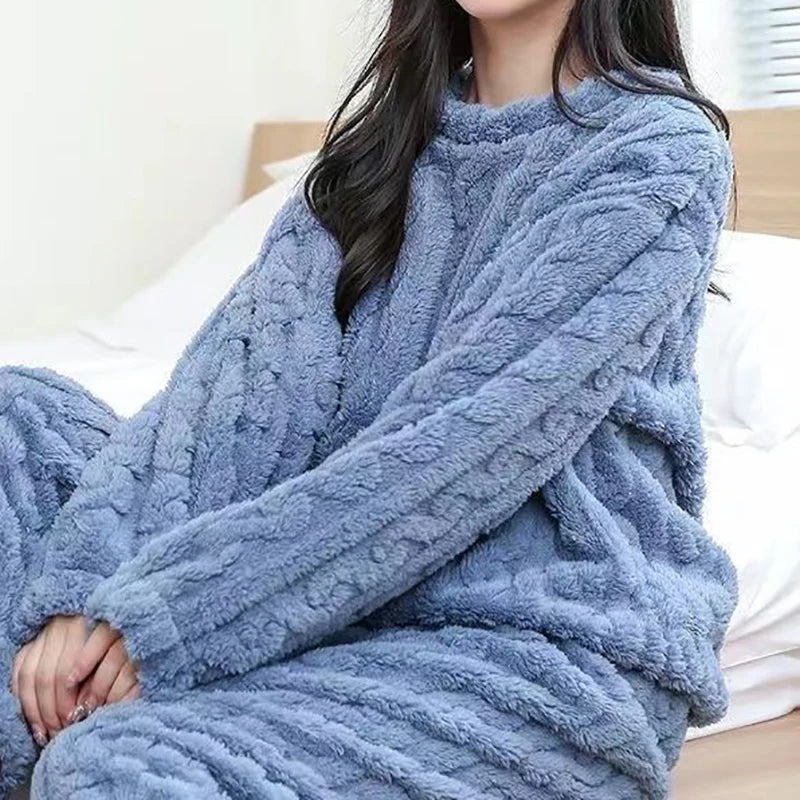 Autumn Women Warm Ribbed Fleece 2 Piece Lounge Set blue by HitMyNeed