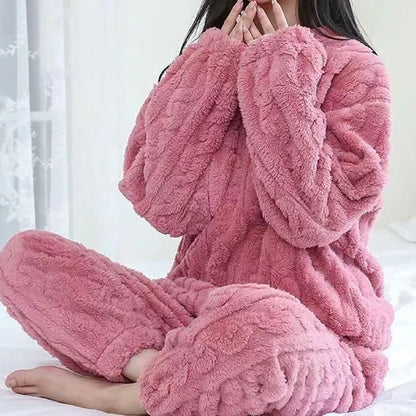 Autumn Women Warm Ribbed Fleece 2 Piece Lounge Set pink by HitMyNeed