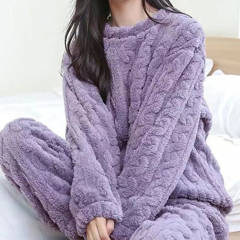Autumn Women Warm Ribbed Fleece 2 Piece Lounge Set purple by HitMyNeed