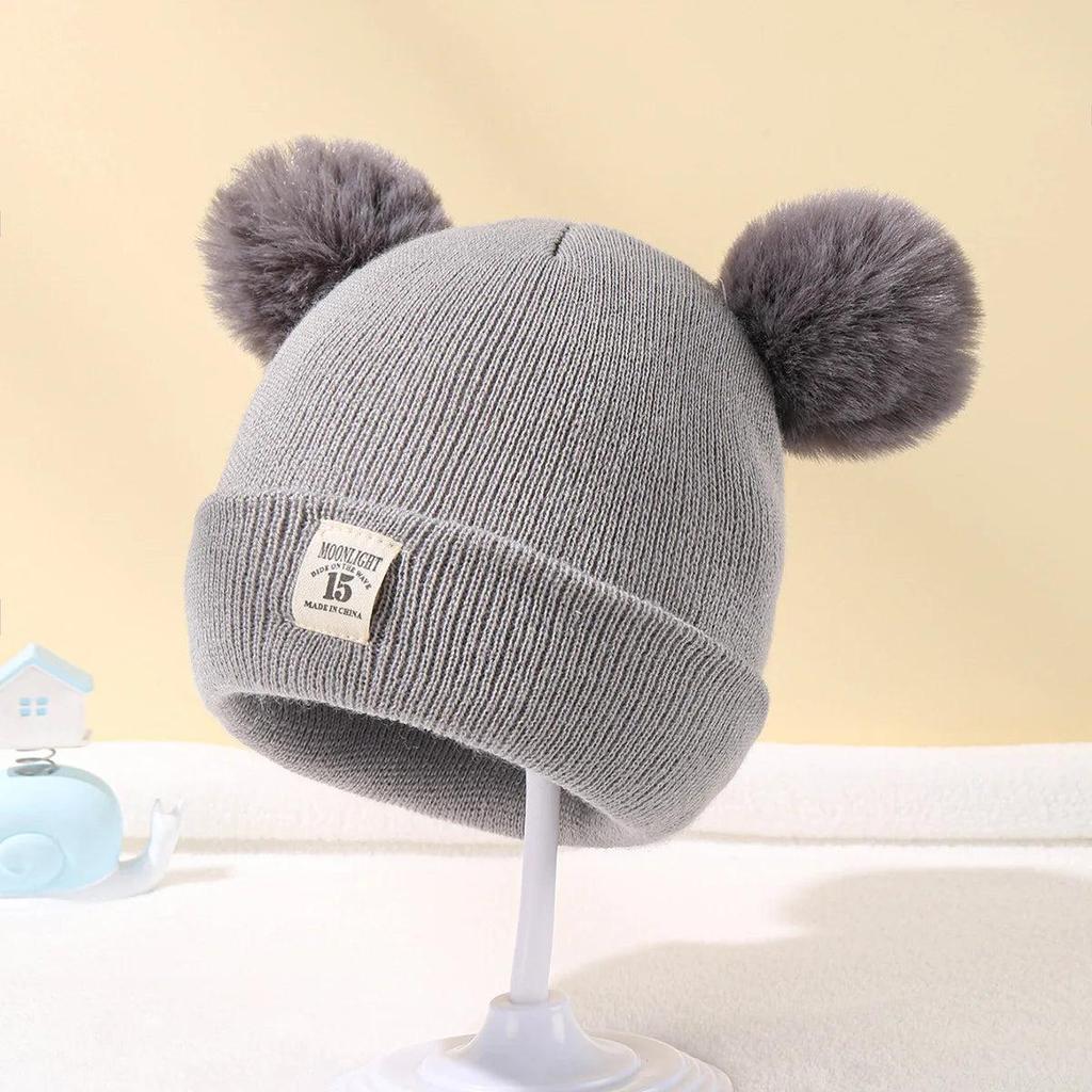 Baby Knit Beanie with Double Pom Pom (0-3 Years) grey by HitMyNeed