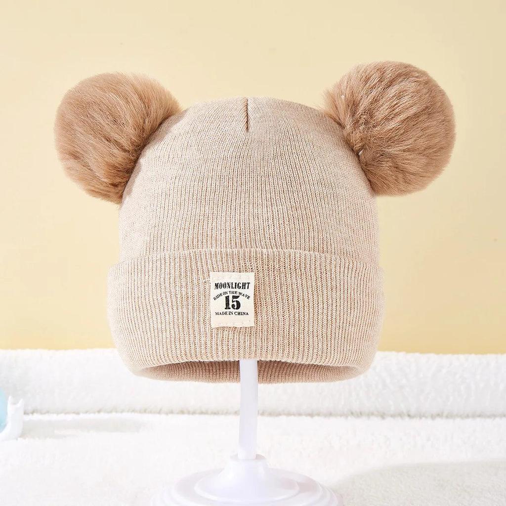 Baby Knit Beanie with Double Pom Pom (0-3 Years) khaki by HitMyNeed