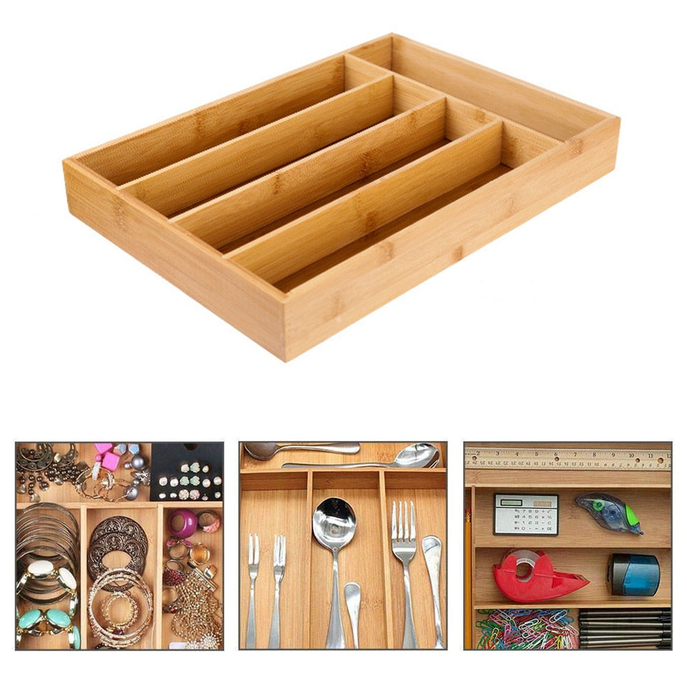 Bamboo 5-Grid Wooden Drawer Cutlery Organizer by HitMyNeed