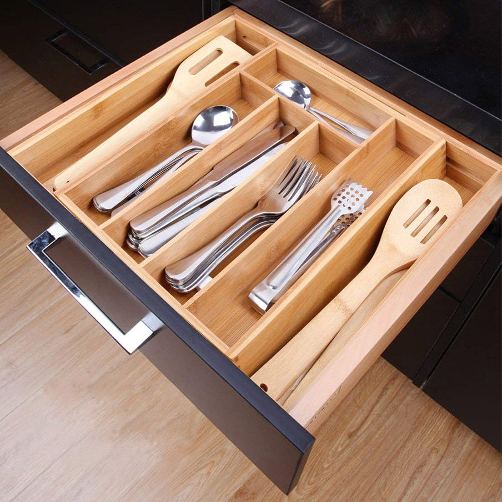 Bamboo Adjustable Cutlery Tray Organizer by HitMyNeed