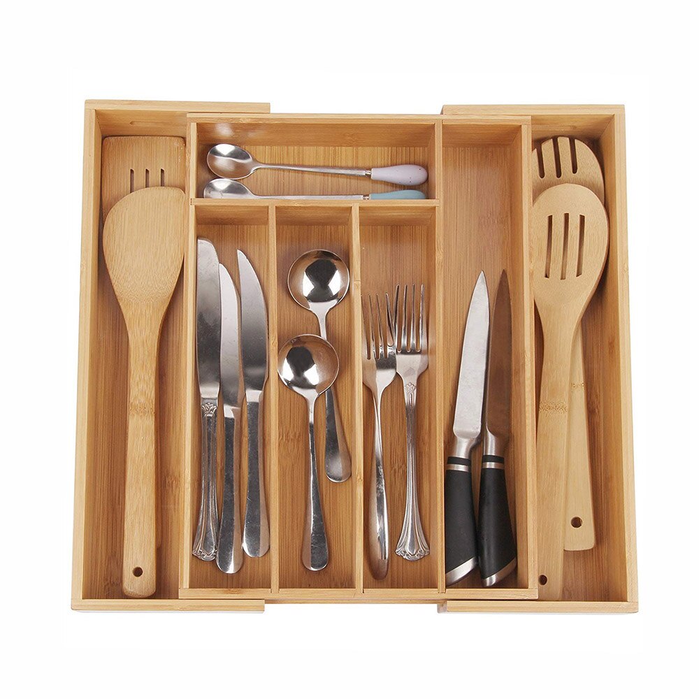 Bamboo Adjustable Cutlery Tray Organizer by HitMyNeed