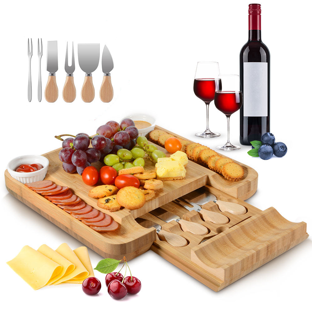 Bamboo Cheese Board Set with Cutlery and Bowls by HitMyNeed