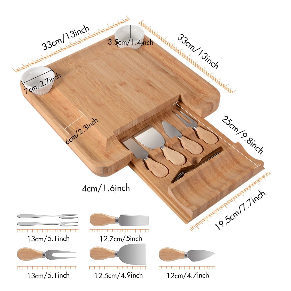 Bamboo Cheese Board Set with Cutlery and Bowls by HitMyNeed