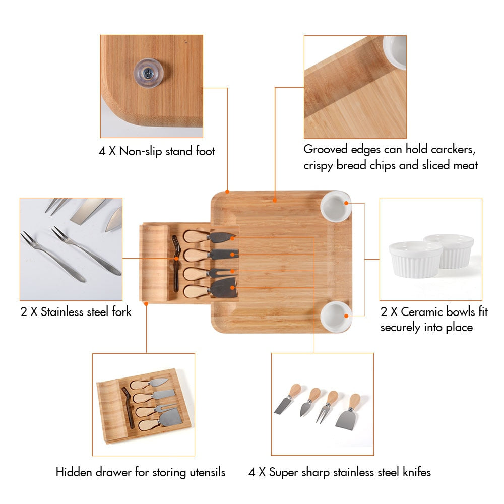Bamboo Cheese Board Set with Cutlery and Bowls by HitMyNeed