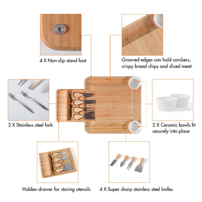 Bamboo Cheese Board Set with Cutlery and Bowls by HitMyNeed