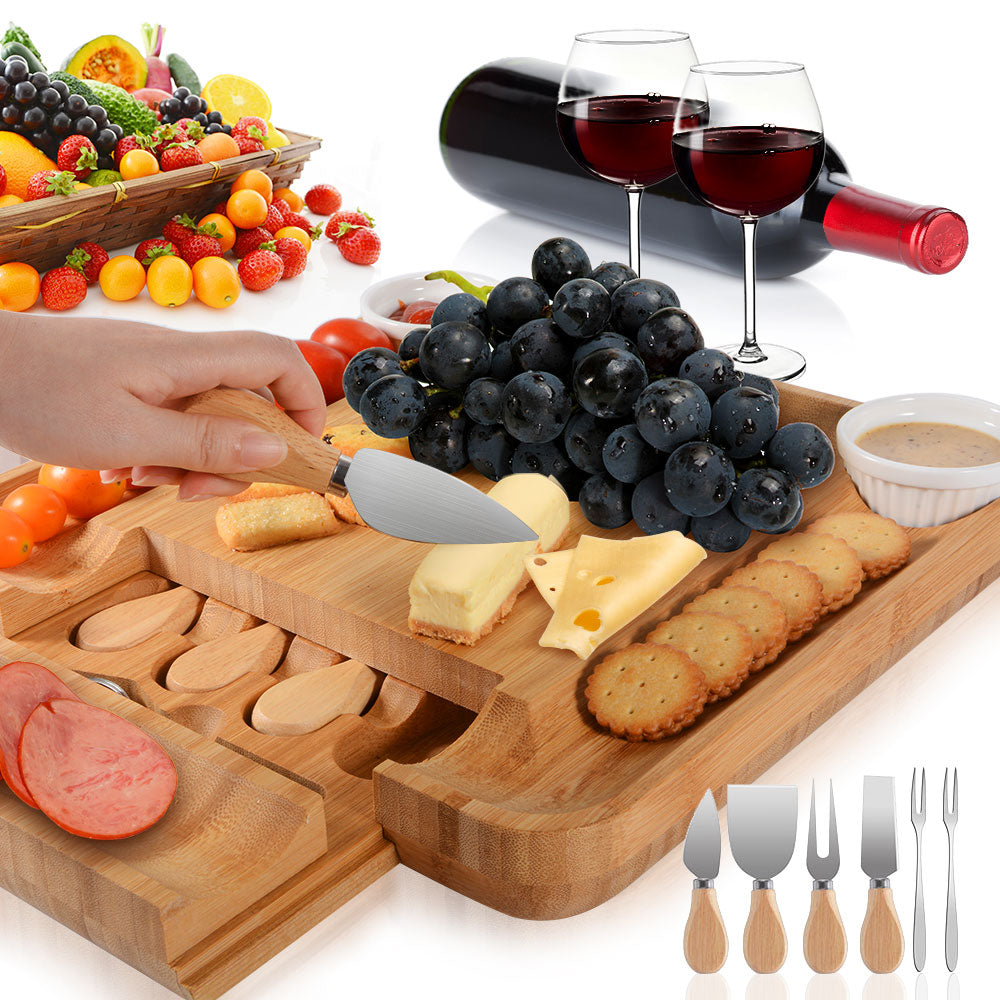 Bamboo Cheese Board Set with Cutlery and Bowls by HitMyNeed