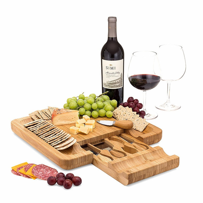 Bamboo Cheese Board Set with Knives and Drawer by HitMyNeed