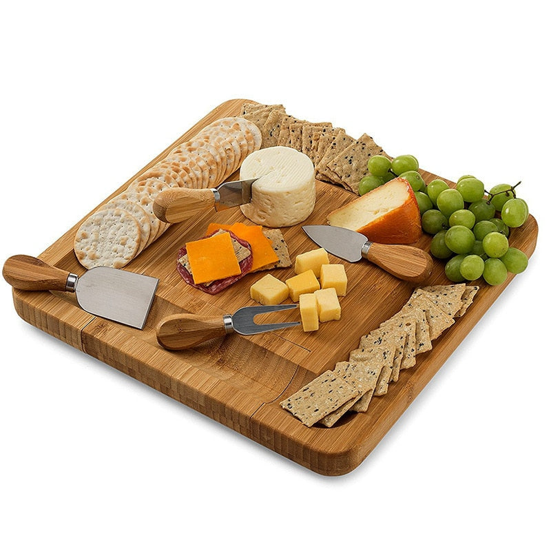 Bamboo Cheese Board Set with Knives and Drawer by HitMyNeed