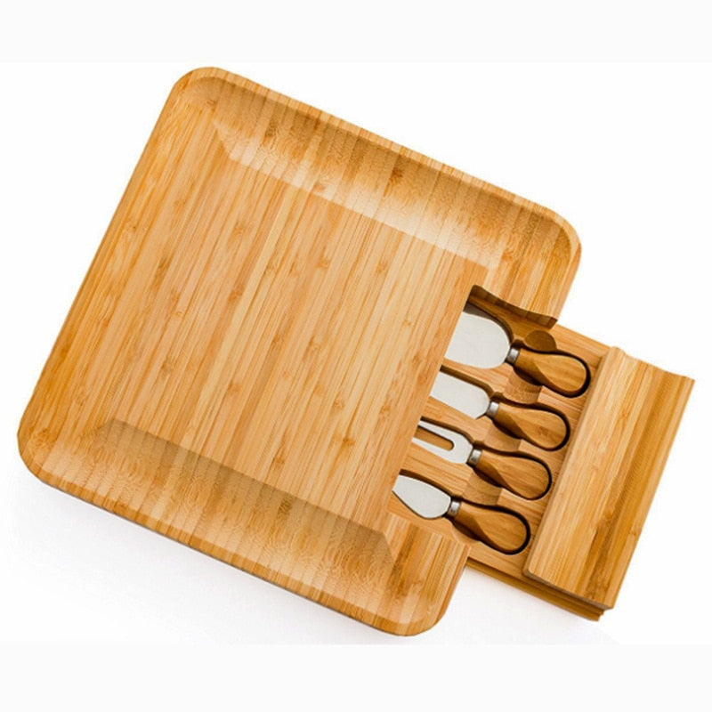 Bamboo Cheese Board Set with Knives and Drawer by HitMyNeed