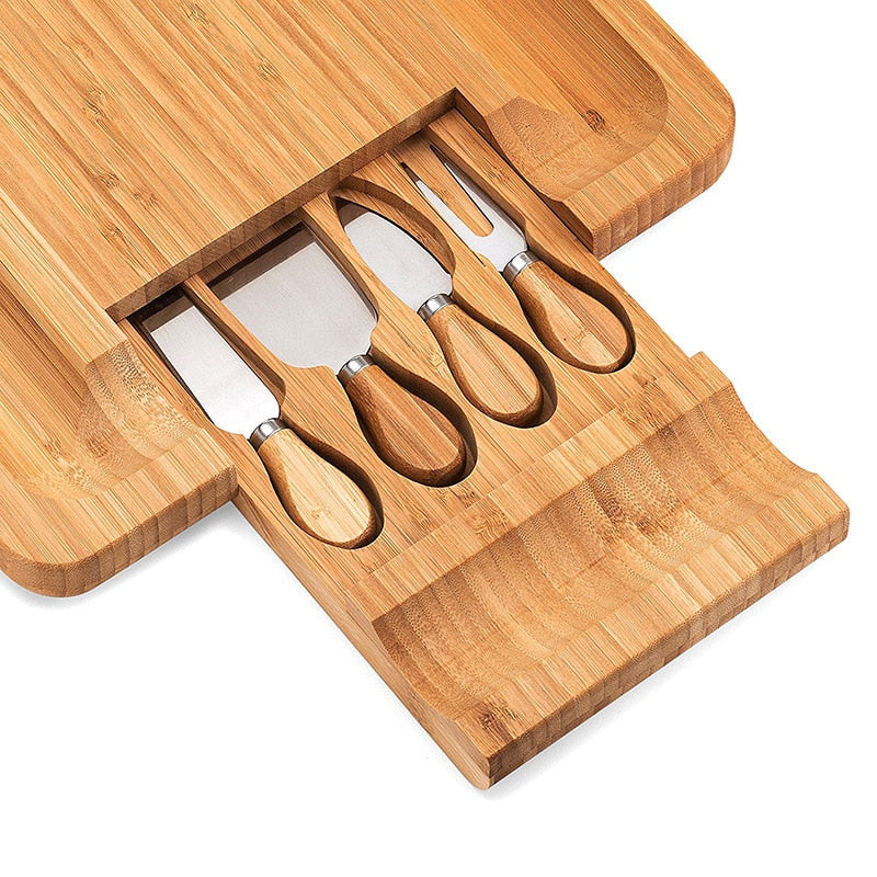 Bamboo Cheese Board Set with Knives and Drawer by HitMyNeed