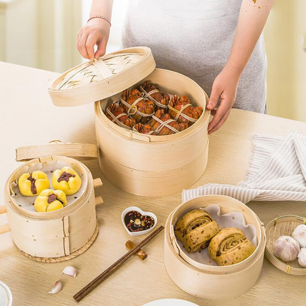 Bamboo Steamer Basket Set with Lid, 15 cm by HitMyNeed