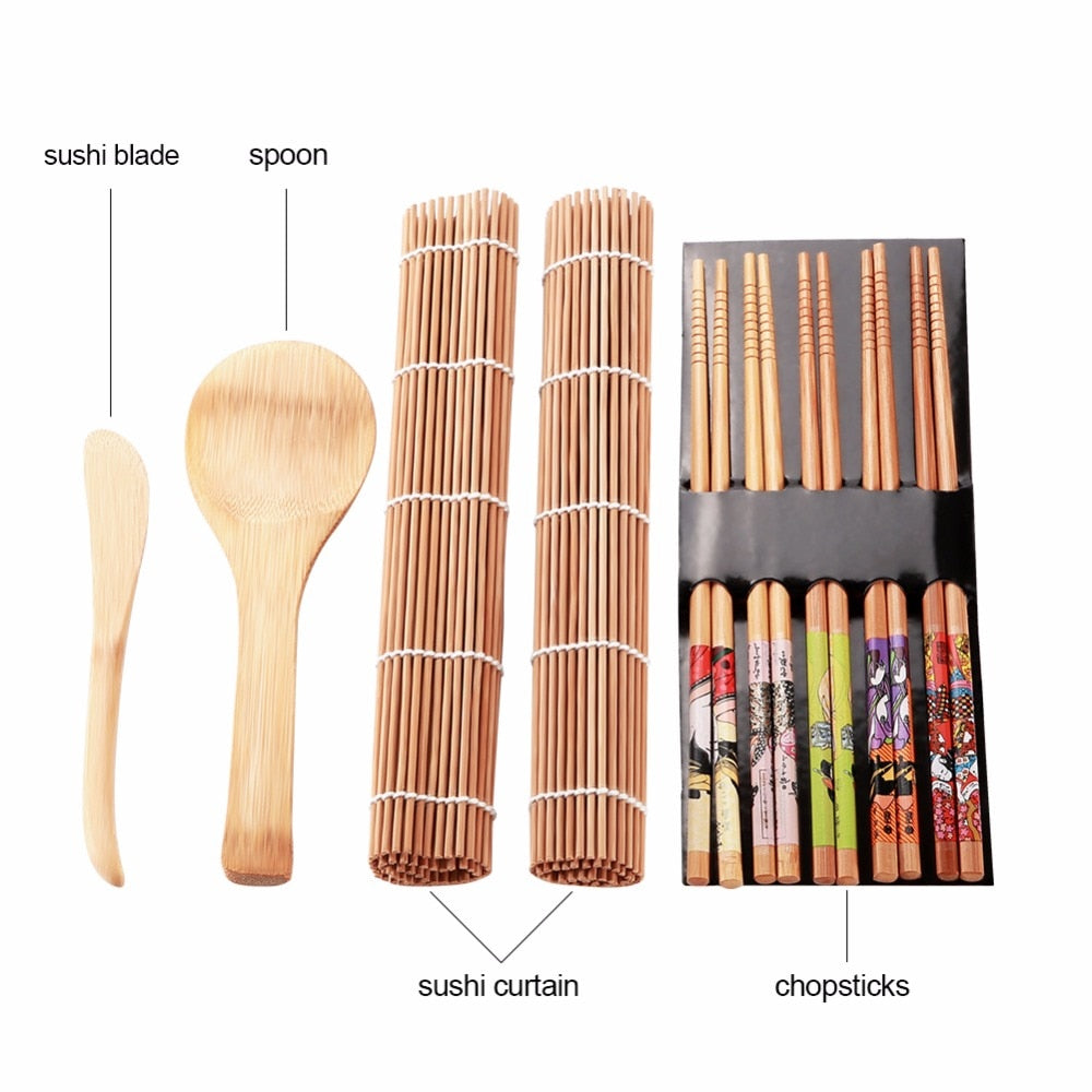 Bamboo Sushi Making Kit - 13 Piece Home Sushi Set by HitMyNeed
