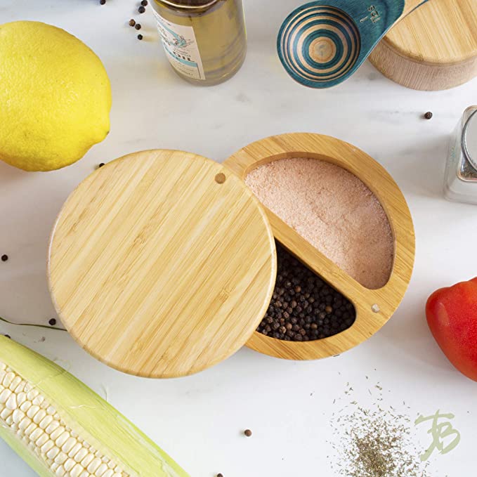 Bamboo Wooden Salt Container with Dual Compartments by HitMyNeed