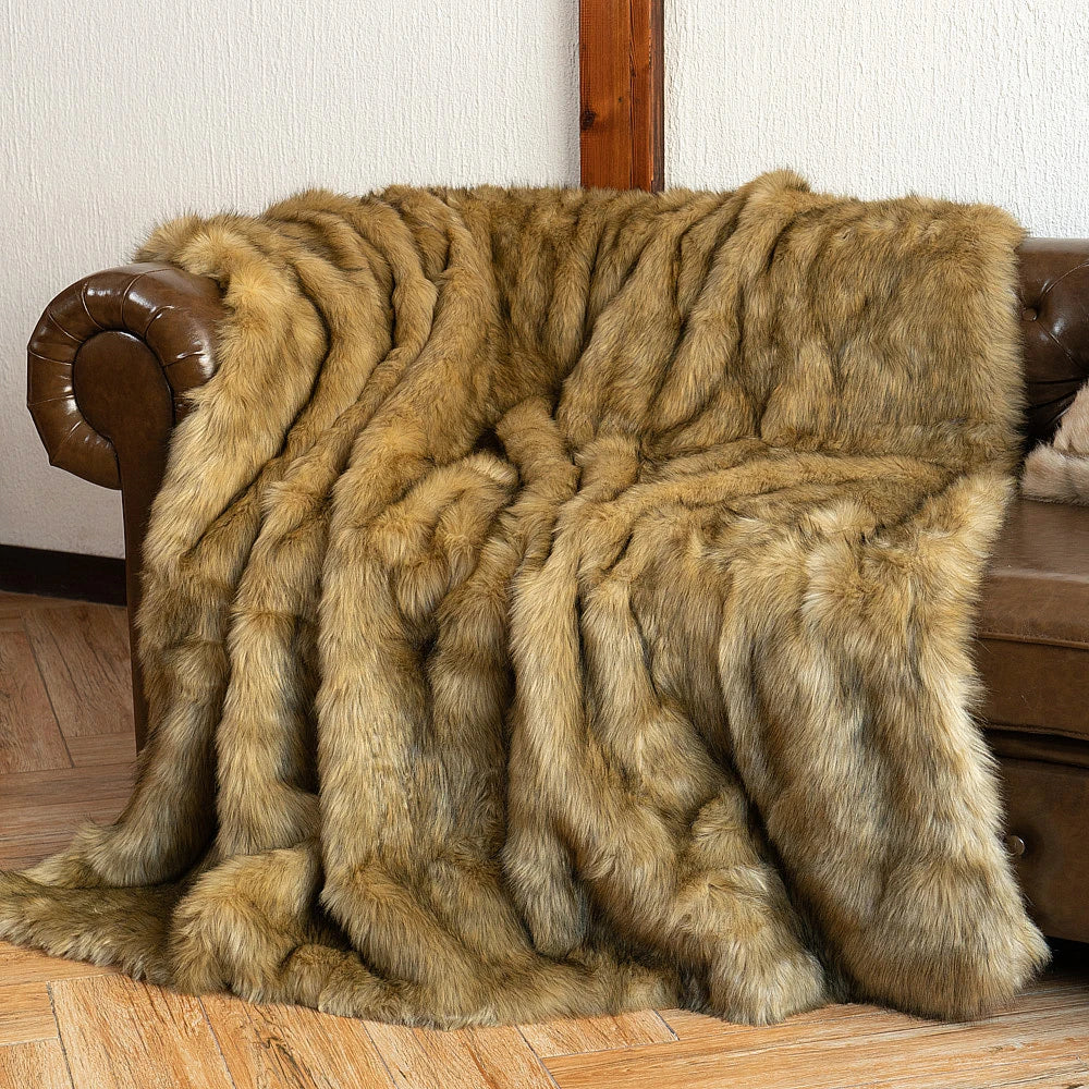 Battilo Faux Fur King Size Throw Blanket Plaid ochre 150x200cm by HitMyNeed