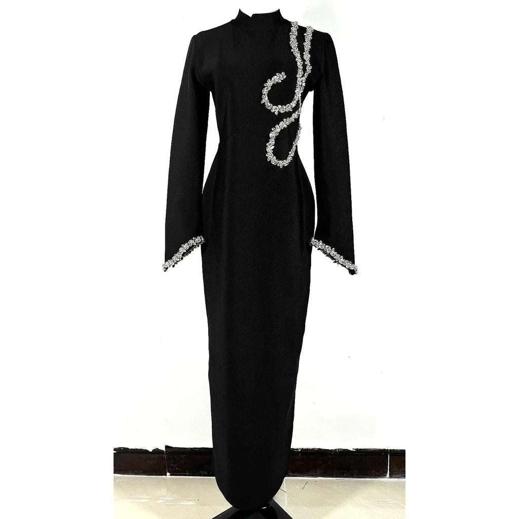 Black Beaded Long Sleeve Bandage Maxi Dress by HitMyNeed