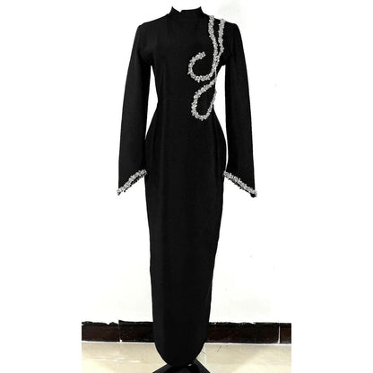 Black Beaded Long Sleeve Bandage Maxi Dress by HitMyNeed
