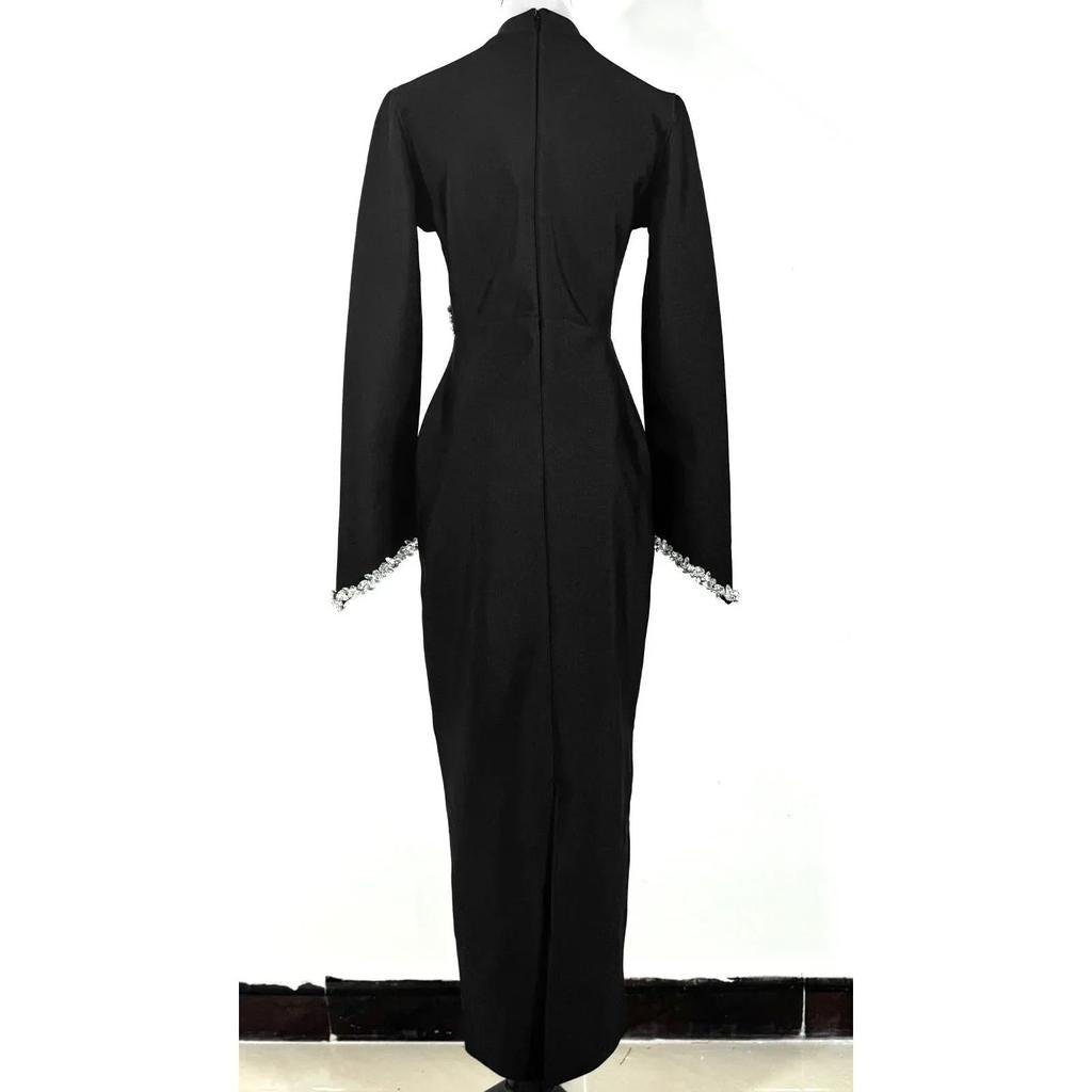 Black Beaded Long Sleeve Bandage Maxi Dress by HitMyNeed