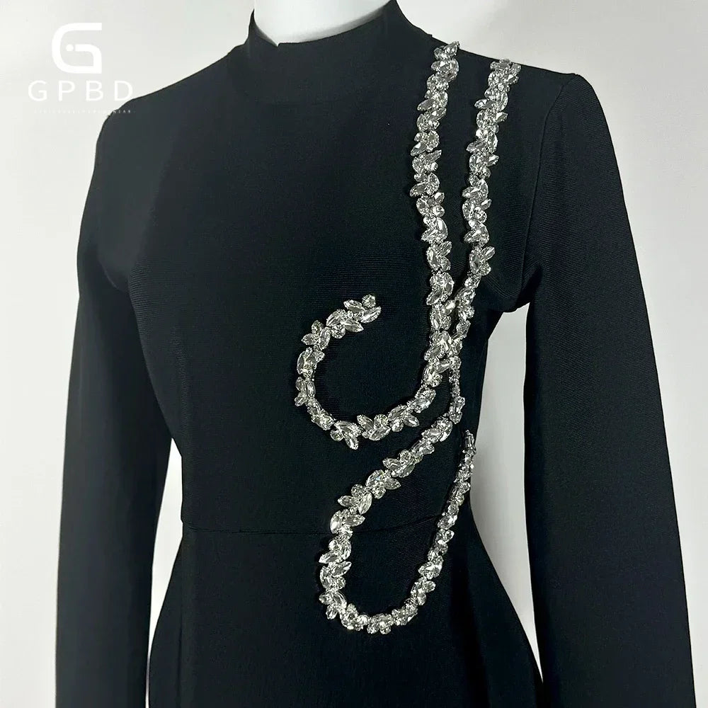 Black Beaded Long Sleeve Bandage Maxi Dress by HitMyNeed