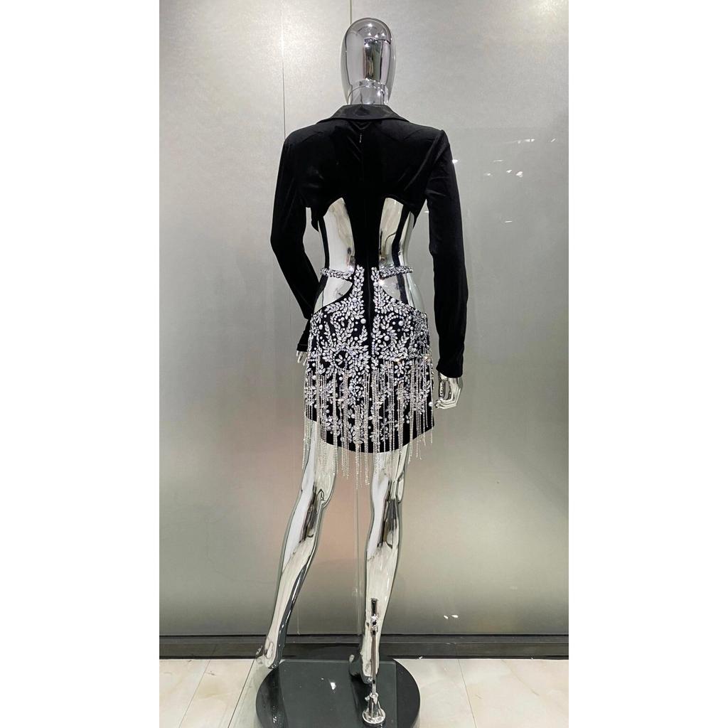 Black Diamond Tassel Cut-Out Mini Dress by HitMyNeed