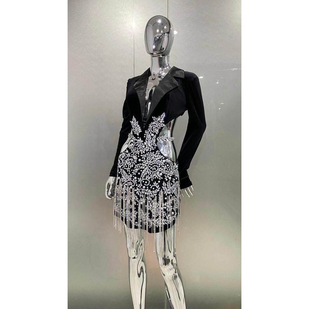 Black Diamond Tassel Cut-Out Mini Dress s by HitMyNeed