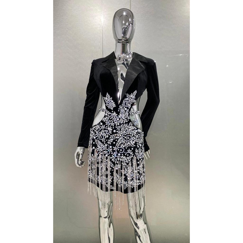 Black Diamond Tassel Cut-Out Mini Dress xl by HitMyNeed